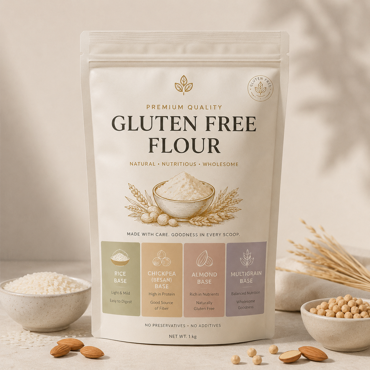 Gluten Free Flour (Rice, chickpea/besan, almond and multigrain base options)